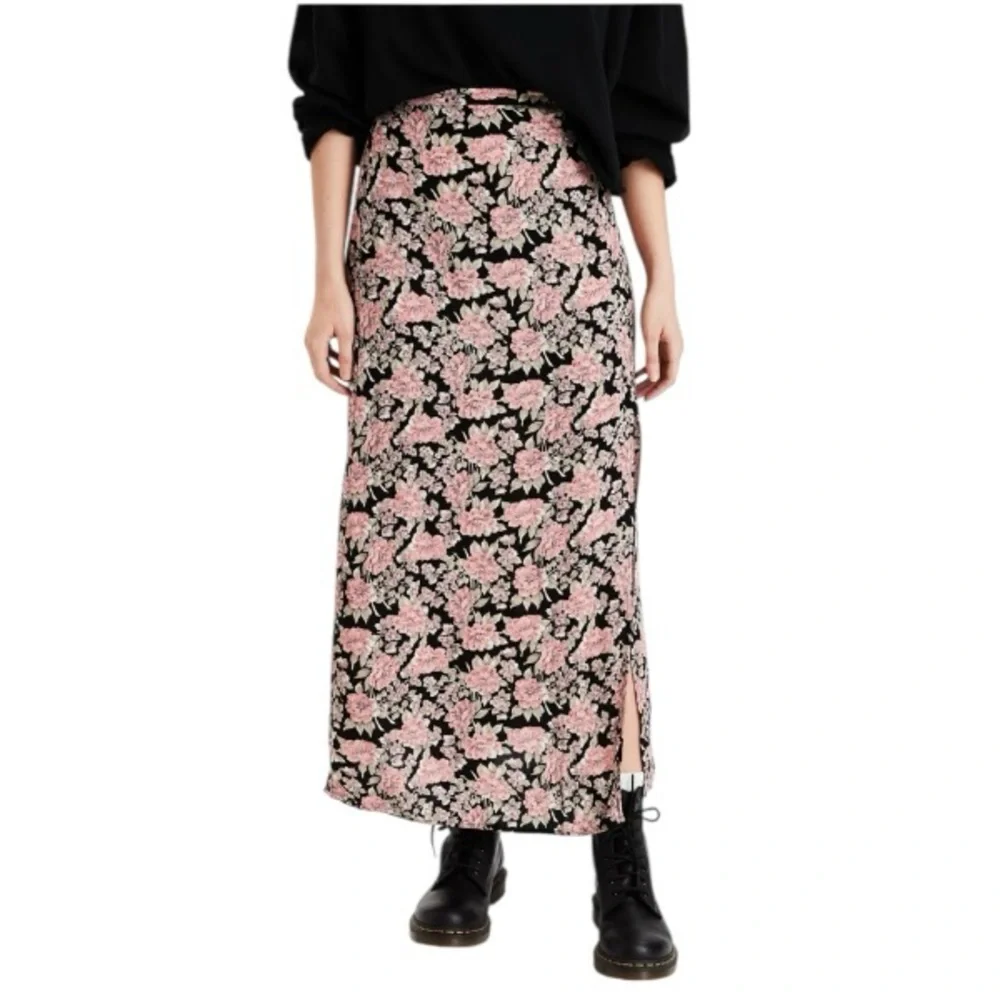 AE American Eagle High-Waisted Black Pink Floral Front Slit Midi Skirt XS